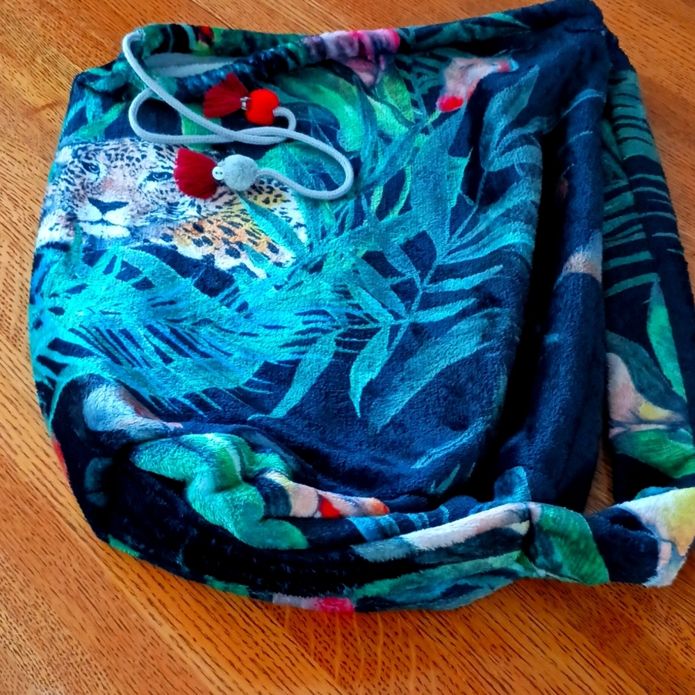 Johnny Was Sherpa Boho Tropical Jungle Leopard Print Plush Drawstring Bag